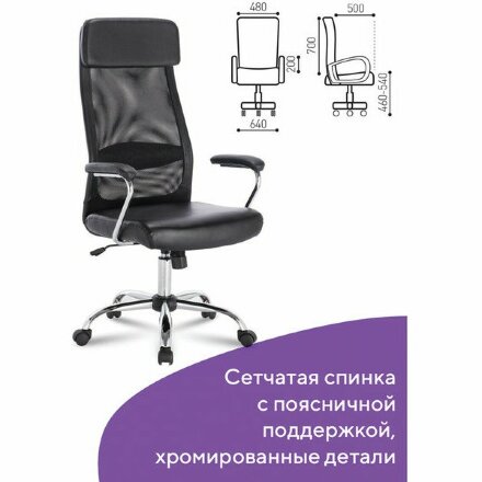 Кресло офисное BRABIX &quot;Flight EX-540&quot;, хром, экокожа, сетка, черное, 531850 Черный