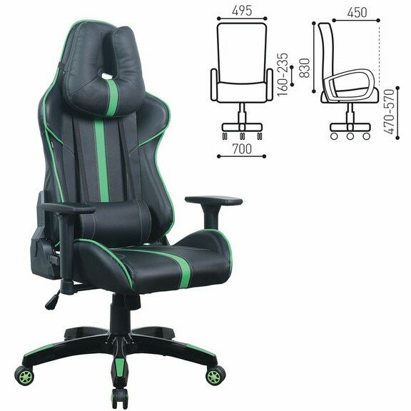 Кресло компьютерное BRABIX "GT Carbon GM-120", две подушки, экокожа, черное/зеленое, 531929 Зеленый